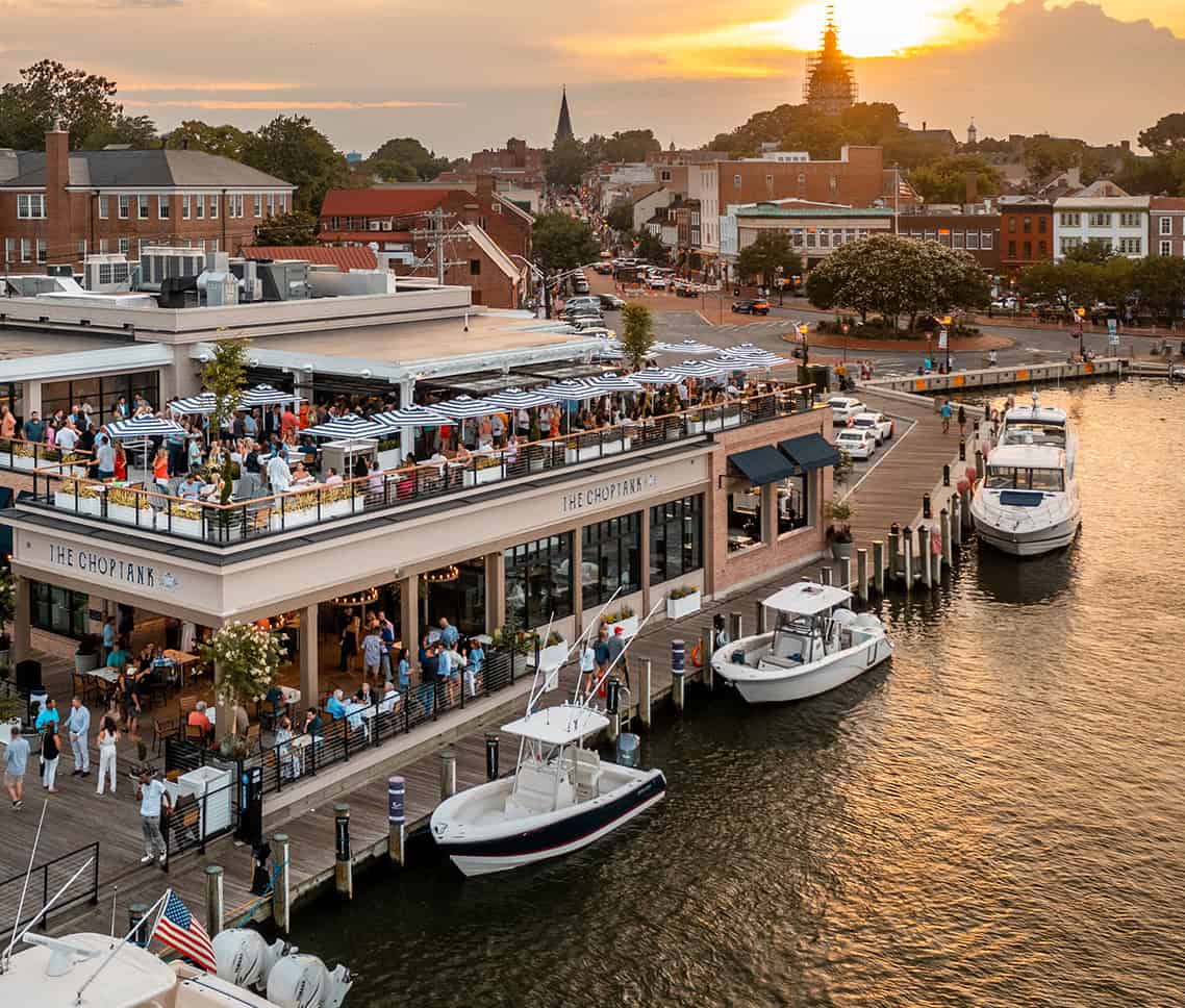 Waterfront restaurant at City Dock at sunset