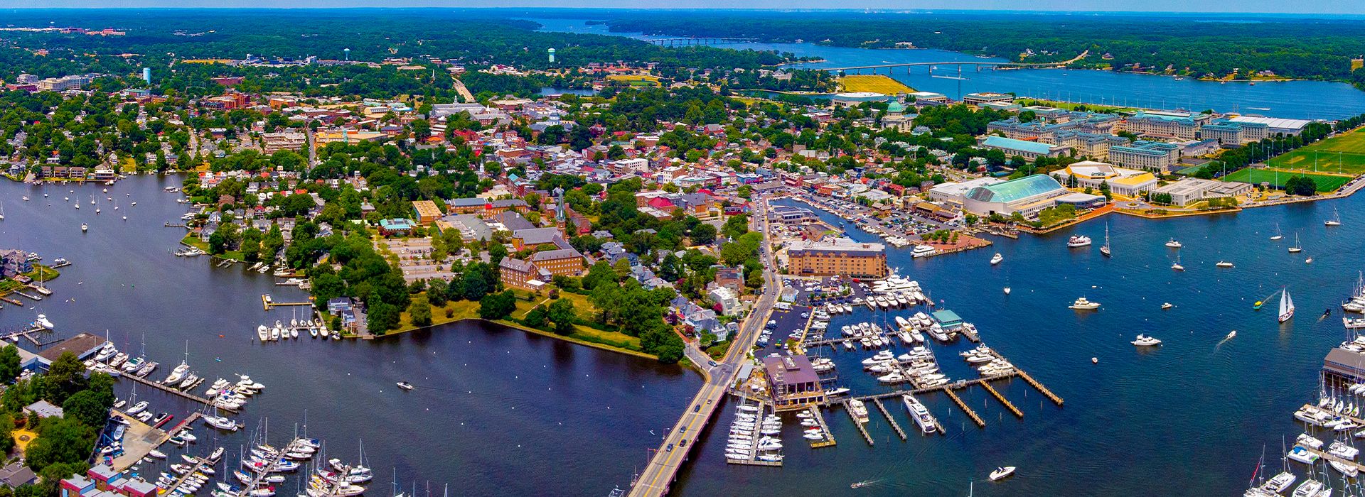 Aerial view of Annapolis harbor with the Academy on the point