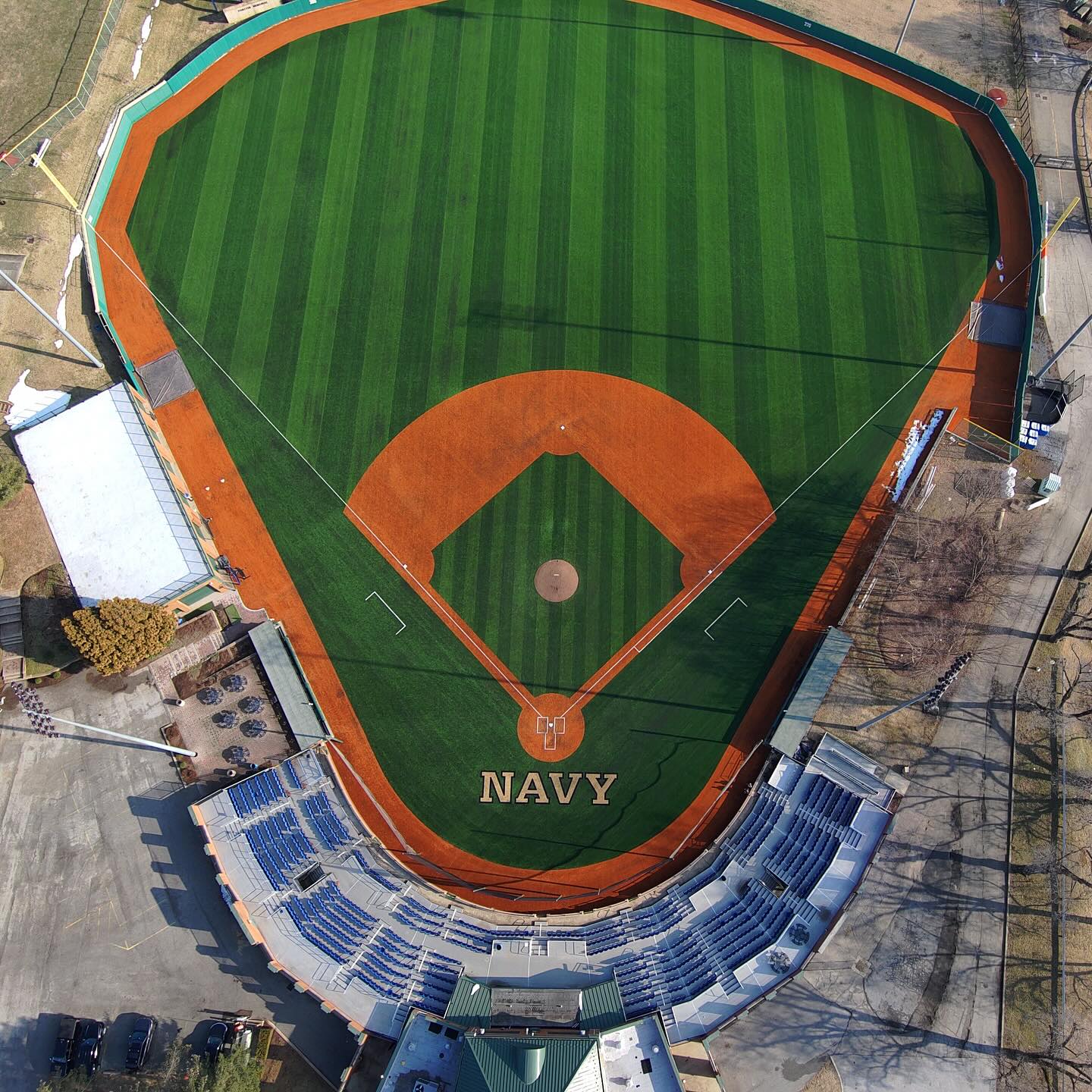 Overhead aerial of Terwilliger Brothers Field at Max Bishop Stadium, NAVY painted behind home plate