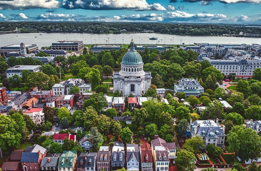 Aerial view of the Naval Academy chapel dome over Annapolis and the Severn River